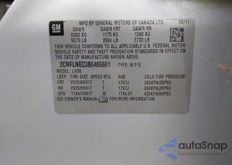 2011 Chevrolet Equinox 2Lt z USA, uszkodzony, nr VIN 2CNFLNEC0B6465661